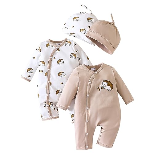 Body in Herbst Winter 2 Stück Kleinkind Jungen Mädchen Langarm Taste Igel Print Strampler Set Mit Hut Hause Tragen Overall Baby Jungen Shirt (White, 3-6 Months) von HaicoM