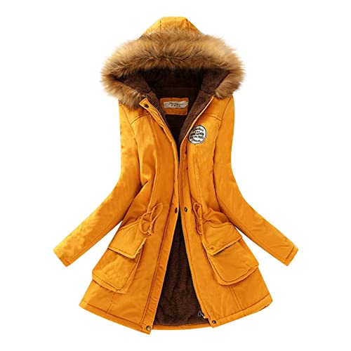 Damen Winter Wanderjacken Damen Fleece Gefüttert Warm Verdickter Mantel mit Fuzzy Kapuze Damen Reißverschluss Offen Warm Trendy Cardigans Slim Fit Mode Schnee Outwear Mantel Winddichte Jacke, gelb, 50 von HaicoM