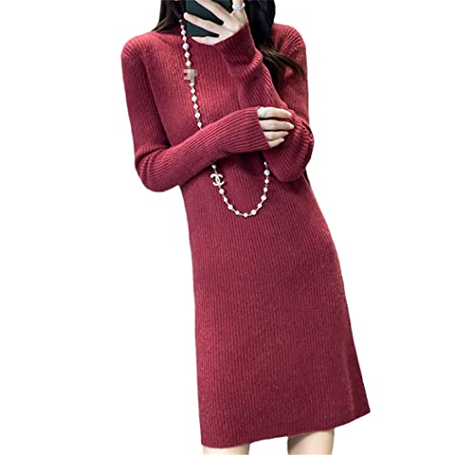 Damen Midikleid 100% Kaschmir Strickpullover Winter Solid Strickwaren Rollkragen Langarm Kleid, rot, S von Haitpant