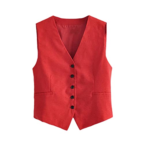 Elegante Streetwear Ärmellose kurze Anzugweste Damen Vintage Slim V-Ausschnitt Einreihige Blazer Weste, rot, 36 von Haitpant