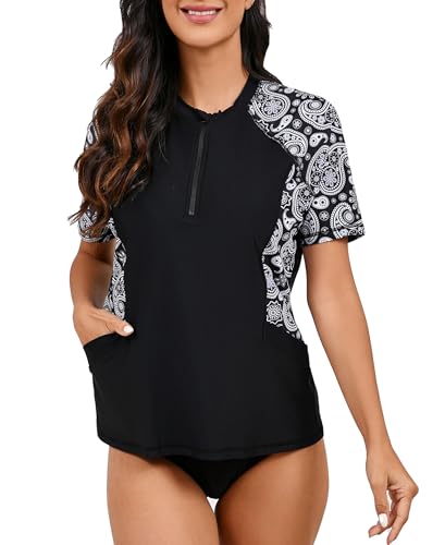 Halcurt UV Shirt Damen Kurzarm mit BH und Tasche Rash Guard 1/4 Zip UPF 50+ Sonnenschutz Badeshirt Schnell Trocknender Schwimmshirt Tankini XXL Halcurt UV Shirt Damen Kurzarm mit BH und Tasche Rash Guard 1/4 Zip UPF 50+ Sonnenschutz Badeshirt Schnell Trocknender Schwimmshirt Tankini XXL von Halcurt