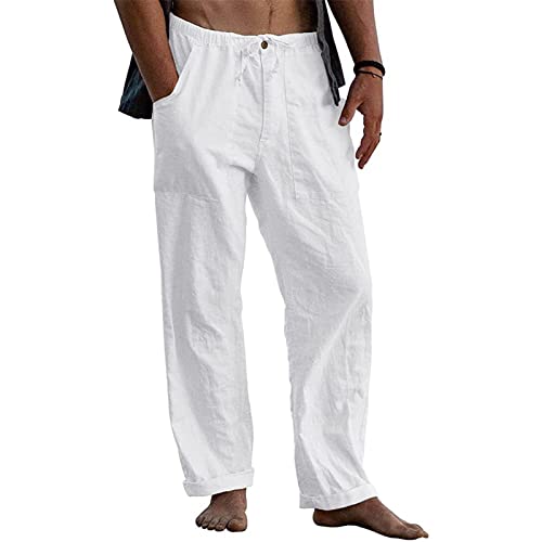 Halfword Herren-Jogginghose aus Leinen, locker, Yogahose, lässiger Strand, mit Kordelzug, elastischer Taille, leichte Jogginghose, weiß, 58 von Halfword