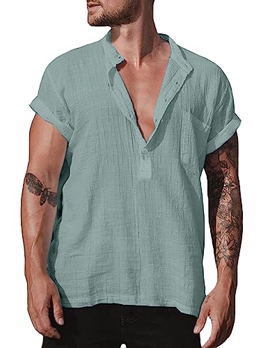 Halfword Herren Leinenhemden Sommer Kurzarm Henley Beach Shirts Grandad Kragen Baumwolle Button Down Urlaub Hochzeit Tops, grün, XXL von Halfword