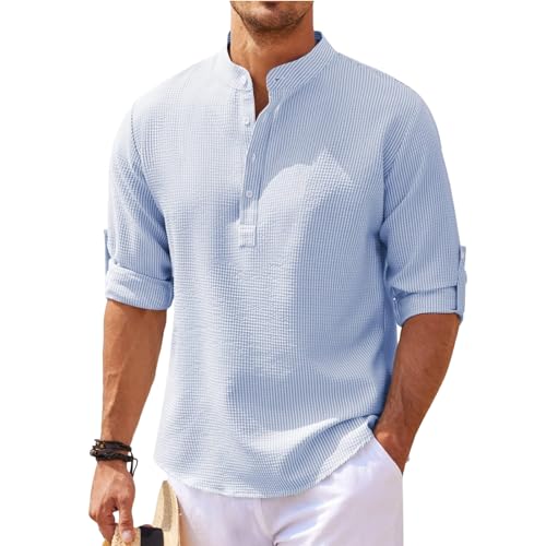 Halfword Herren Waffelhemden Casual Langarm Hemden Henley Shirt Einfarbig Top Loose Fit S-4XL, blau, M von Halfword