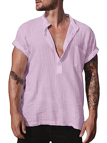 Halfword Kurzarm Hemd Herren Sommer Leinenhemd Henley Freizeithemden Leicht Strand Tops Rosa XXXXXL von Halfword