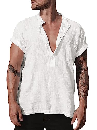 Halfword Kurzarm Hemd Herren Sommer Leinenhemd Henley Freizeithemden Leicht Strand Tops Weiß XXXXL von Halfword