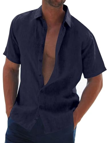 Halfword Leinenhemd Herren Kurzarm Hemd Sommer Freizeithemd Strandhemd Baumwolle Leinen Einfarbig Shirts Marineblau XXL von Halfword