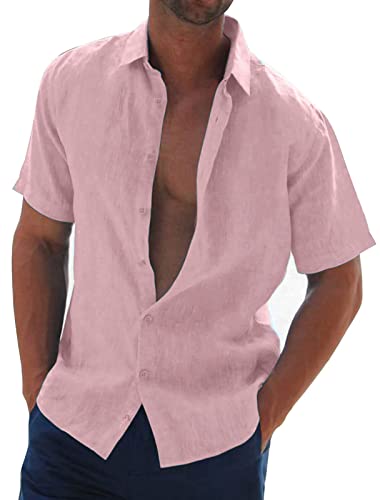 Halfword Leinenhemd Herren Kurzarm Hemd Sommer Freizeithemd Strandhemd Baumwolle Leinen Einfarbig Shirts Rosa XXL von Halfword