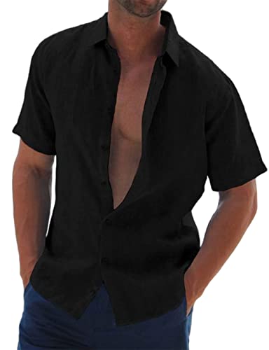 Halfword Leinenhemd Herren Kurzarm Hemd Sommer Freizeithemd Strandhemd Baumwolle Leinen Einfarbig Shirts Schwarz L von Halfword