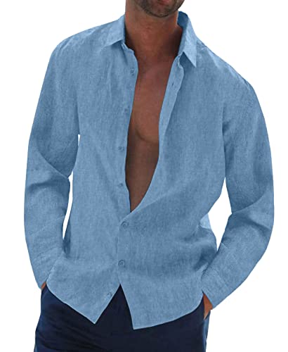 Halfword Leinenhemd Herren Langarm Sommer Freizeithemd Baumwolle Leinen Einfarbig Musselin Shirt Strand Oberteile Blau L von Halfword