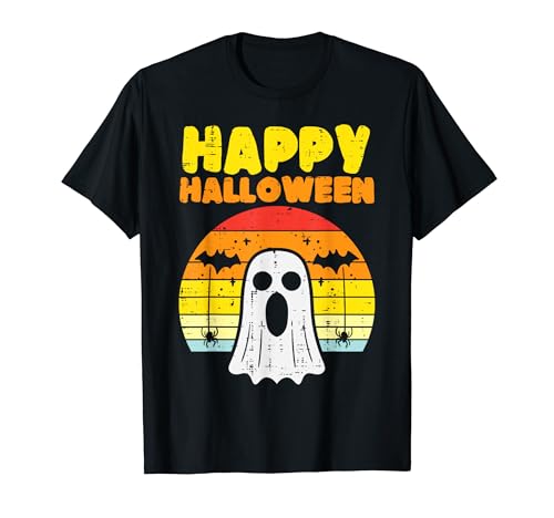 Happy Halloween Geist Sonnenuntergang Fledermaus Retro Spinne Herren Damen Kinder T-Shirt von Halloween Shirts For Women Men Kids Boys Girls