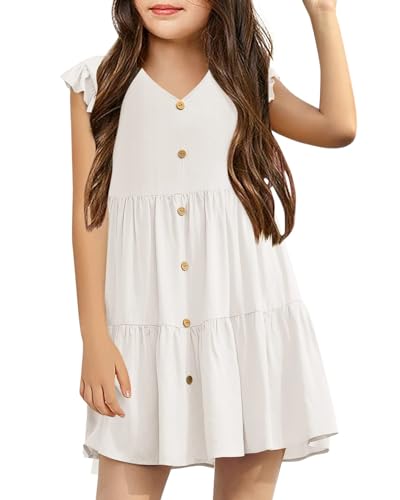 Haloumoning Kleider Sommer für Mädchen Ruffled Sleeves A-line Elegant T-Shirt Kleid Festliches Partykleid V Neck Freizeitkleid Weiß 4-6 Jahre von Haloumoning