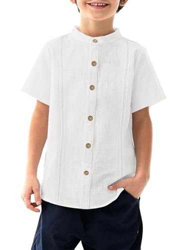 Haloumoning Kurzarm Hemd Jungen Cuban Guayabera Shirt Kinder Baumwolle Casual Shirt Einfarbige Sommer Strand Freizeithemd,Weiß,6-8Jahre von Haloumoning