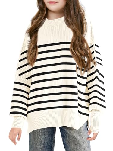 Haloumoning Pullover Mädchen Kinder Rundhals Oversized Strickpullover Herbst Winter Gestreifte Fledermausärmel Strickpulli, Weiß, 9-10 Jahre Haloumoning Pullover Mädchen Kinder Rundhals Oversized Strickpullover Herbst Winter Gestreifte Fledermausärmel Strickpulli, Weiß, 9-10 Jahre von Haloumoning