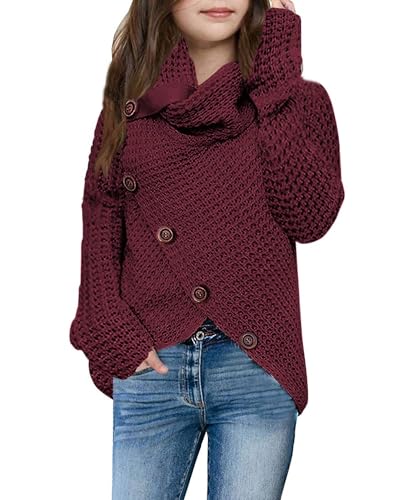 Haloumoning Mädchen Pullover Rollkragen Knopf Langarm Strickpullover Kinder Wrap Pulli Sweater, Weinrot, 6-8 Jahre Haloumoning Mädchen Pullover Rollkragen Knopf Langarm Strickpullover Kinder Wrap Pulli Sweater, Weinrot, 6-8 Jahre von Haloumoning
