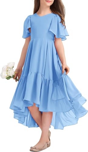 Haloumoning Mädchen Sommerkleid V-Ausschnitt Rüschenkleider Casual A Line Kleid Flowy Hoch Niedrig Lang Partykleid Elegant Langes Abendkleid Blau 140 von Haloumoning