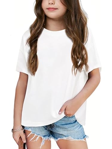 Haloumoning Mädchen T-Shirt Kurzarm Sommer Freizeit Lose Shirts Kinder Baumwolle Rundhals Einfarbig Basic Tops,Weiß,4-6Jahre von Haloumoning