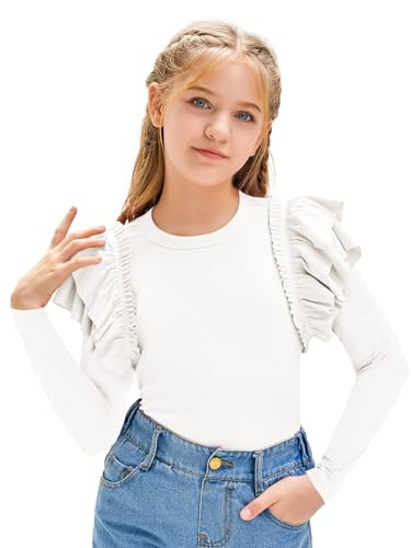 Haloumoning Mädchen T-Shirts Rüsche Langarmshirt Kinder Cute Fitted Rundhals-Oberteile Leichtgewicht Casual Tops, Weiß, 10-12 Jahre von Haloumoning