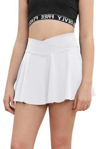 Haloumoning Mädchen Tennisrock mit Taschen Innenhose Golf Skorts Plissierte Sportrock Kinder Hohe Taile Sommerrock Minirock,Weiß,120 von Haloumoning