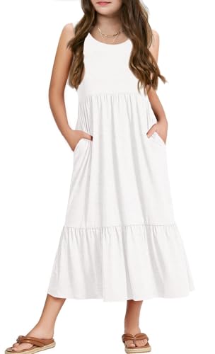 Haloumoning Mädchenkleider Sommer Ärmelloses Kleid Rundhals Tanktop Kleid Kinder Langes Freizeitkleid Sundress, Weiß, 8-10 Jahre von Haloumoning