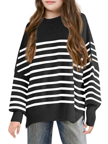 Haloumoning Pullover Mädchen Kinder Rundhals Oversized Strickpullover Herbst Winter Gestreifte Fledermausärmel Strickpulli, Schwarz, 13-14 Jahre Haloumoning Pullover Mädchen Kinder Rundhals Oversized Strickpullover Herbst Winter Gestreifte Fledermausärmel Strickpulli, Schwarz, 13-14 Jahre von Haloumoning