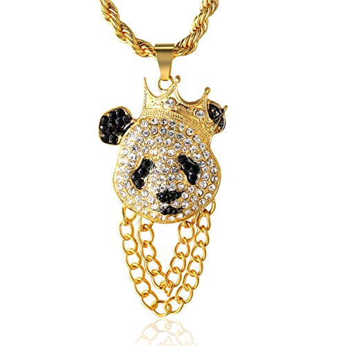 Goldkette Herren Iced Out,18 Karat Echt Vergoldet Kronenpanda Anhänger Halskette,Volle Cz Labordiamants Zinken-Set,mit Seilkette 60cm,KOSTENLOSE Geschenkbox von Halukakah