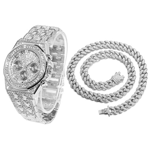 Halukakah Diamant Golduhr, Herren Platin Weiß Vergoldet 40MM Breite Römische Zahlen Wählen Quarz Armband 22cm mit Kubanischer Link Kette 45cm Halskette Set, mit Geschenkbox von Halukakah