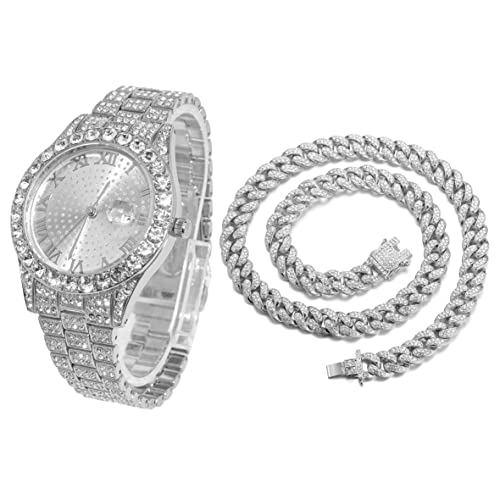 Halukakah Diamant Golduhr, Herren Platin Weiß Vergoldet 42MM Breite Rund Wählen Quarz Armband 24cm mit Kubanischer Link Kette 45cm Halskette Set, mit Geschenkbox von Halukakah