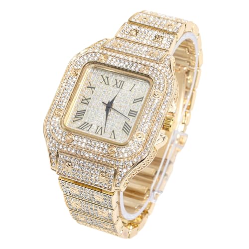 Halukakah Diamant Golduhr Iced Out, Männer 18k Echtgold Plattiert Quarz Armband 24cm Quadratisch Zifferblatt, Kommt mit Geschenkbox von Halukakah