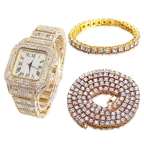 Halukakah Diamant Golduhr Iced Out, Männer 18k Echtgold Plattiert Quarz Armband 24cm Quadratisch Zifferblatt, mit Tennis-Ketten Armband 20cm + Halskette 45cm, Kommt mit Geschenkbox von Halukakah