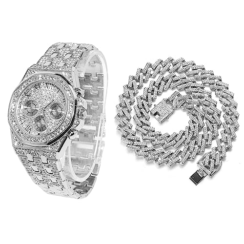 Halukakah Diamant Golduhr Iced Out, Männer Platin Weißgold Plattiert 20mm Breite Quarz Armband 22cm, mit Kubanische-Kette Halskette 45cm, mit Geschenkbox von Halukakah