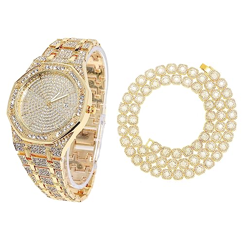 Halukakah Diamant Golduhr für Männer,18k Echtgold Plattiert Quarz Armband 22cm Achteckiges Zifferblatt,mit Diamant-Cluster Tennis-Ketten Halskette 45cm,mit Geschenkbox von Halukakah