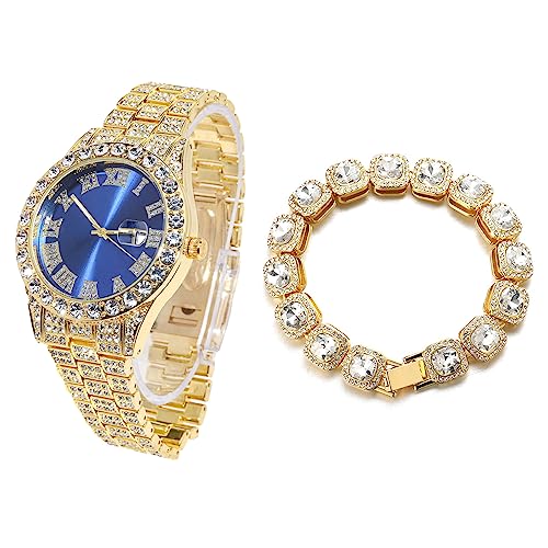 Halukakah Diamant Golduhr für Männer,18k Echtgold Plattiert Quarz Armband 24cm Blaues Zifferblatt,mit Diamant-Cluster Tennis-Ketten Armband 20cm,mit Geschenkbox von Halukakah