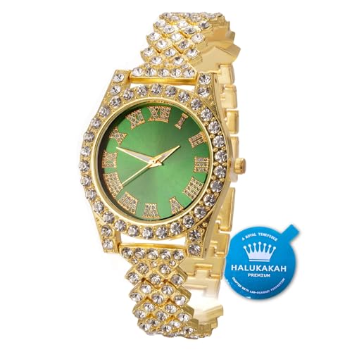 Halukakah Diamanten Gold Uhr,Kinder 18K Echtes Gold Plattiert 36MM Breite Grün Zifferblatt Quarz Armband 20cm,Kostenlose Geschenkbox von Halukakah