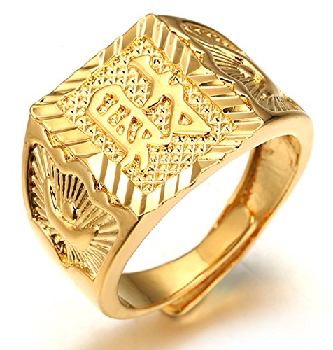 Halukakah ● Gold Segne Alle ● Männlich 18K Gold überzogen Kanji Ring REICHTUM Set Größe verstellbar mit KOSTENLOSER Geschenkpackung von Halukakah