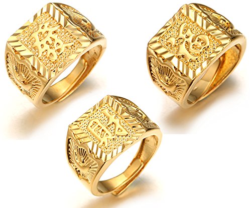 Halukakah ● Gold Segne Alle ● Männlich 18K Gold überzogen Kanji Ring Reich+Glück+Reichtum Set Größe verstellbar mit KOSTENLOSER Geschenkpackung von Halukakah