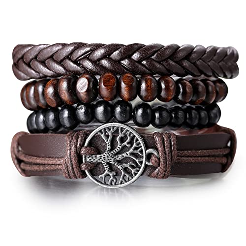 Halukakah Lederarmband für Männer Western-Rodeo-Stil Handgefertigtes geflochtenes Muti-Wrap-Set Retro Vintage Holzperlen mit Geschenkbox (Klassischer Baum des Lebens) von Halukakah