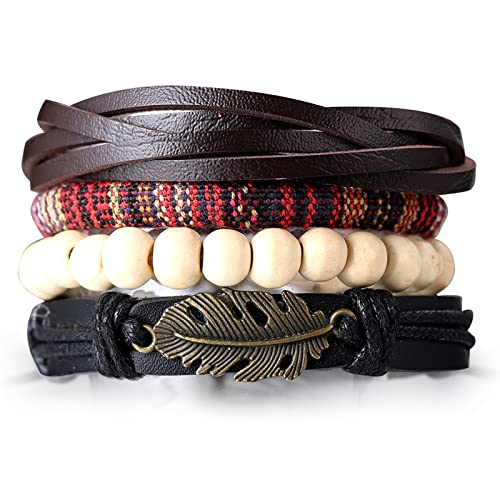 Halukakah Lederarmband für Männer Western-Rodeo-Stil Handgefertigtes geflochtenes Muti-Wrap-Set Retro Vintage Holzperlen mit Geschenkbox (Sucher mit Bronzefeder) von Halukakah