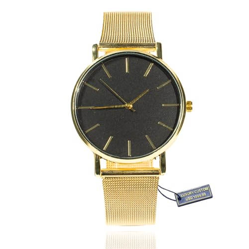 Halukakah Minimalistische Edelstahl-Herrenuhr - 24 Karat Echtgold Plattiertes Uhrenarmband, Schwarzes Zifferblatt. Wird mit Eleganter Geschenkbox Geliefert von Halukakah