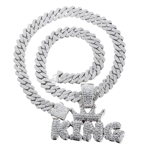 Halukakah Platinplattiertes Anhänger-Halsketten für Männer - Über 1000 Diamanten - Kubanische Gliederkette - Geclusterte Diamanten Kronen King Buchstaben Anhänger - Hip-Hop-Stil - mit Geschenkbox von Halukakah