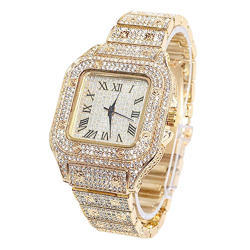 Halukakah Quadratisch Zifferblatt Diamant Golduhr Iced Out, Männer 18k Echtgold Plattiert Quarz Armband 24cm, mit Geschenkbox von Halukakah