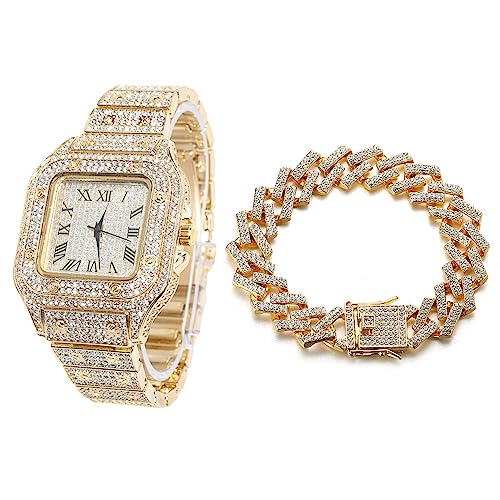 Halukakah Quadratisch Zifferblatt Diamant Golduhr Iced Out, Männer 18k Echtgold Plattiert Quarz Armband 24cm, mit Kubanische-Kette Armband 20cm, mit Geschenkbox von Halukakah