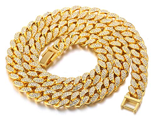 Kubanische Kette Herren Iced Out,15MM Herren Goldkette Miami 18 Karat Echt Vergoldet Halsband Halskette 55cm,Volle Cz Diamant Schnitt Zinken-Set,Geschenk für Ihn von Halukakah