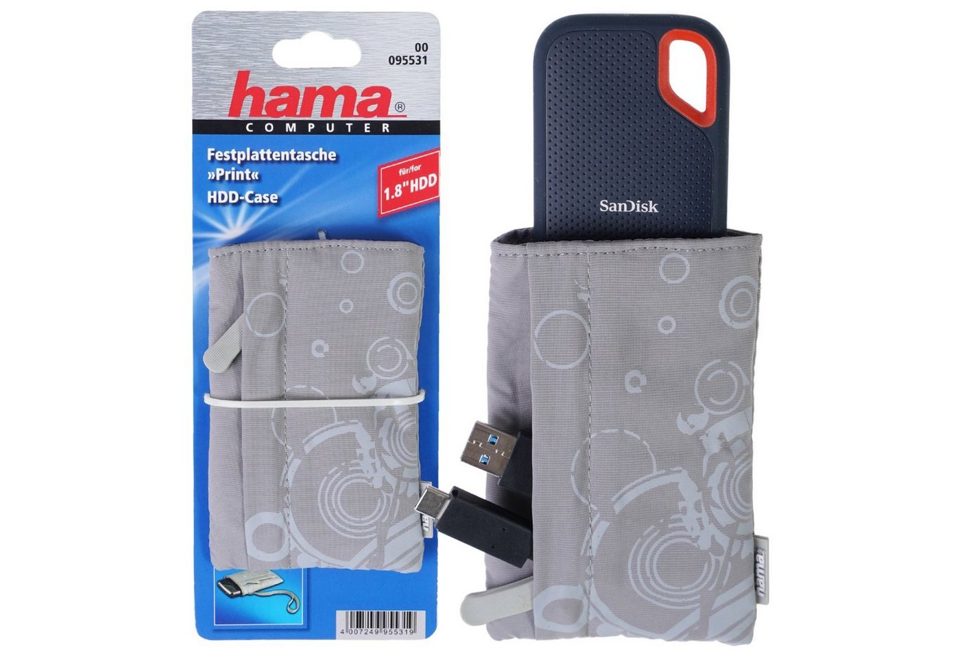 Hama Festplattentasche Tasche Print Grau 1,8" Case Schutz-Hülle Cover, Tragegurt Aufbewahrung 1,8" Zoll externe HDD tragbare Festplatte PC von Hama