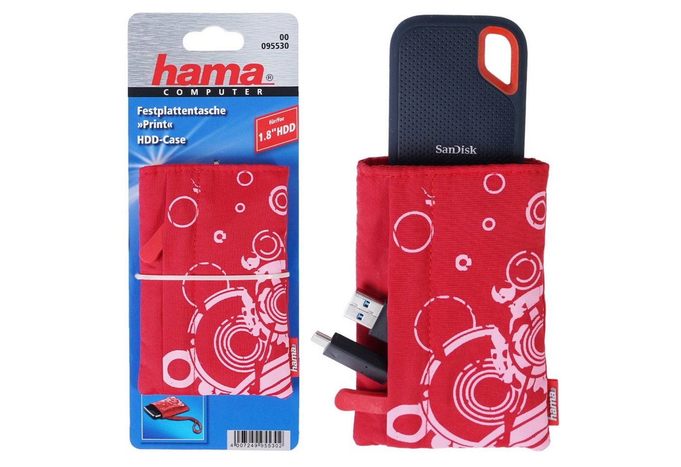 Hama Festplattentasche Tasche Print Rot 1,8" Case Schutz-Hülle Cover, Tragegurt Aufbewahrung 1,8" Zoll externe HDD tragbare Festplatte PC von Hama