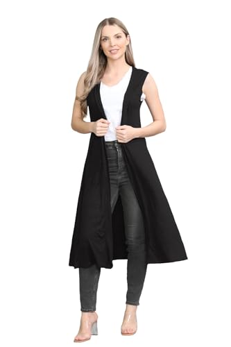 Damen Maxi-Cardigan, ärmellos, offener Kragen, Boyfriend-Länge, Schwarz , S-M von Hamishkane