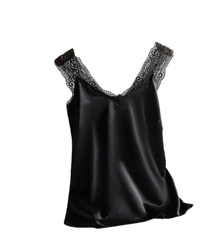 Damen-Spitzen-Tank-Top, V-Ausschnitt, ärmellos, Satin, elastisch, Netzstoff, Tank-Top, Basic-Weste, Schwarz , XL Damen-Spitzen-Tank-Top, V-Ausschnitt, ärmellos, Satin, elastisch, Netzstoff, Tank-Top, Basic-Weste, Schwarz , XL von Hamthuit