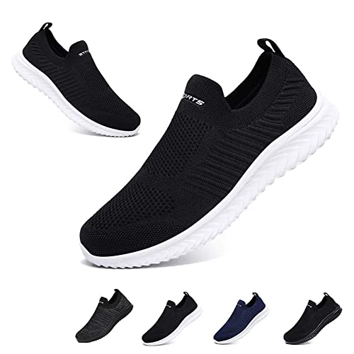 Slip On Sneakers Herren Damen Nurse Schuhe Walkingschuhe Outdoor Turnschuhe Sportschuhe Gym Bequem Leichte Schuhe Atmungsaktiv Freizeitschuhe Memory Foam Fitness Sporthalle Schwarz Weiß EU44 von Hanani