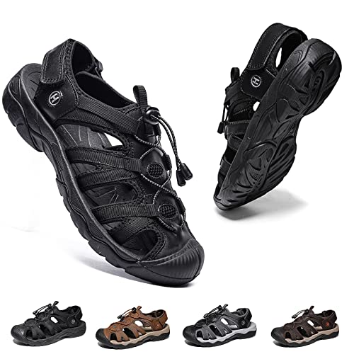 Herren Wandern Sandalen Sport Outdoor Leder Trekkingsandalen Wanderschuhe Verstellbaren Geschlossene Zehe Outdoorschuhe Sommer Männer Strand Freizeitschuhe Wasser Atmungsaktive Fischer Schwarz EU43 von Hanani