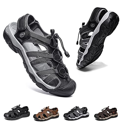 Herren Wandern Sandalen Sport Outdoor Leder Trekkingsandalen Wanderschuhe Verstellbaren Geschlossene Zehe Outdoorschuhe Sommer Männer Strand Freizeitschuhe Wasser Fischer Atmungsaktive Grau EU39 von Hanani